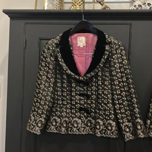 Beautiful vintage black floral Nanette Lepore suit with black velvet detail